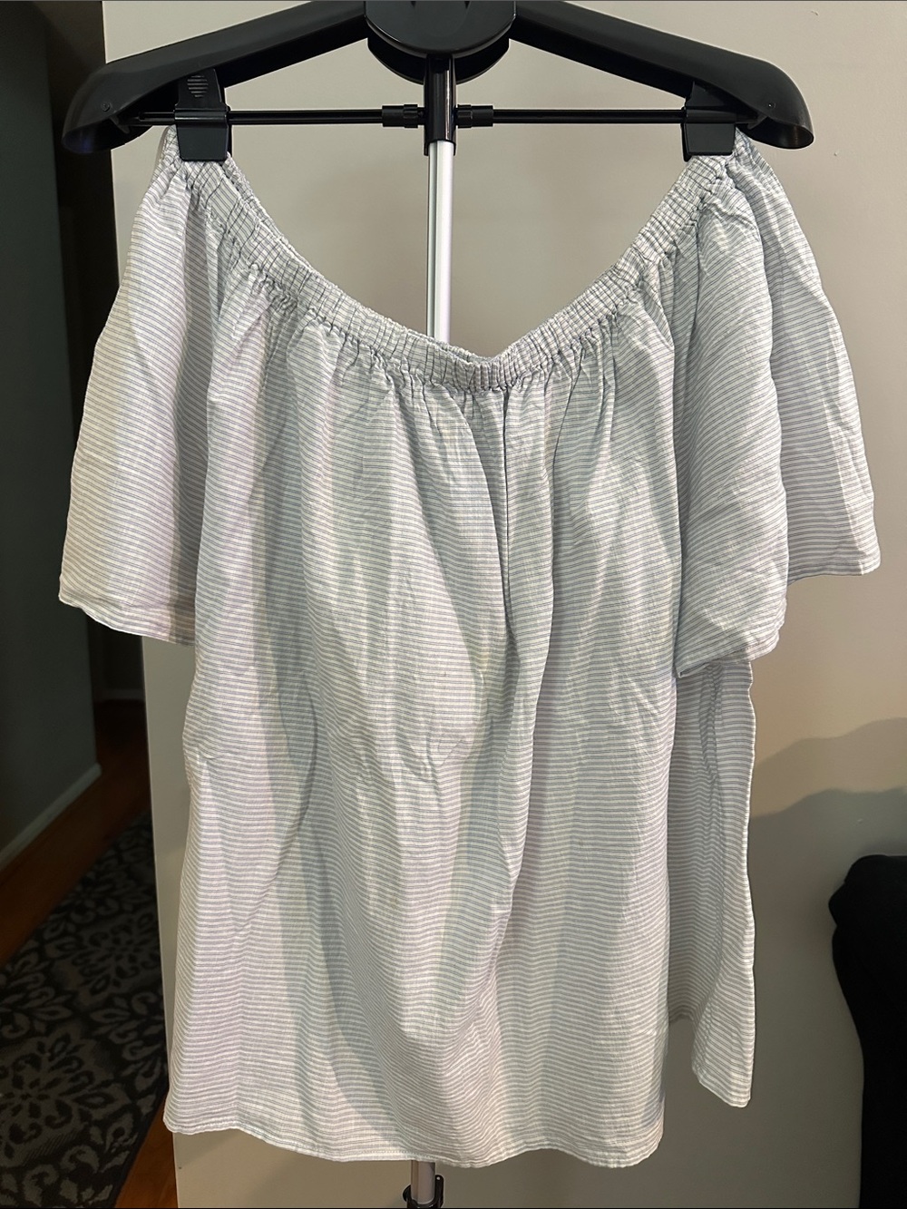 Dip Off The Shoulder Top Women 2X Blue White Striped Coastal Boho Blouse